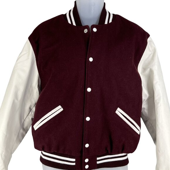 Rennoc Classic Men M Varsity Letterman Bomber Jacket Wool Quilted Burgundy White - Picture 9 of 16